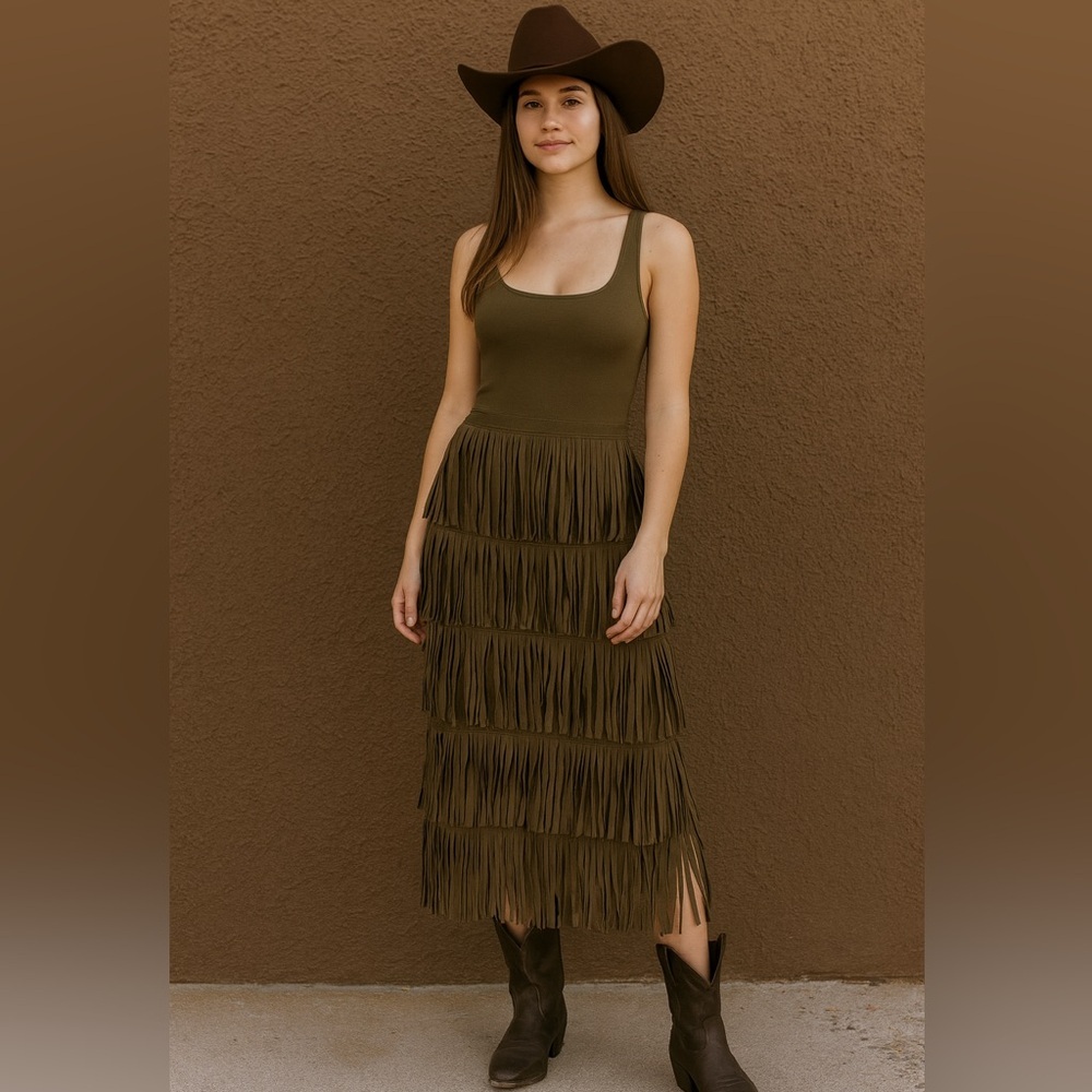 Endless Rose Dark Olive Fringe Midi Dress